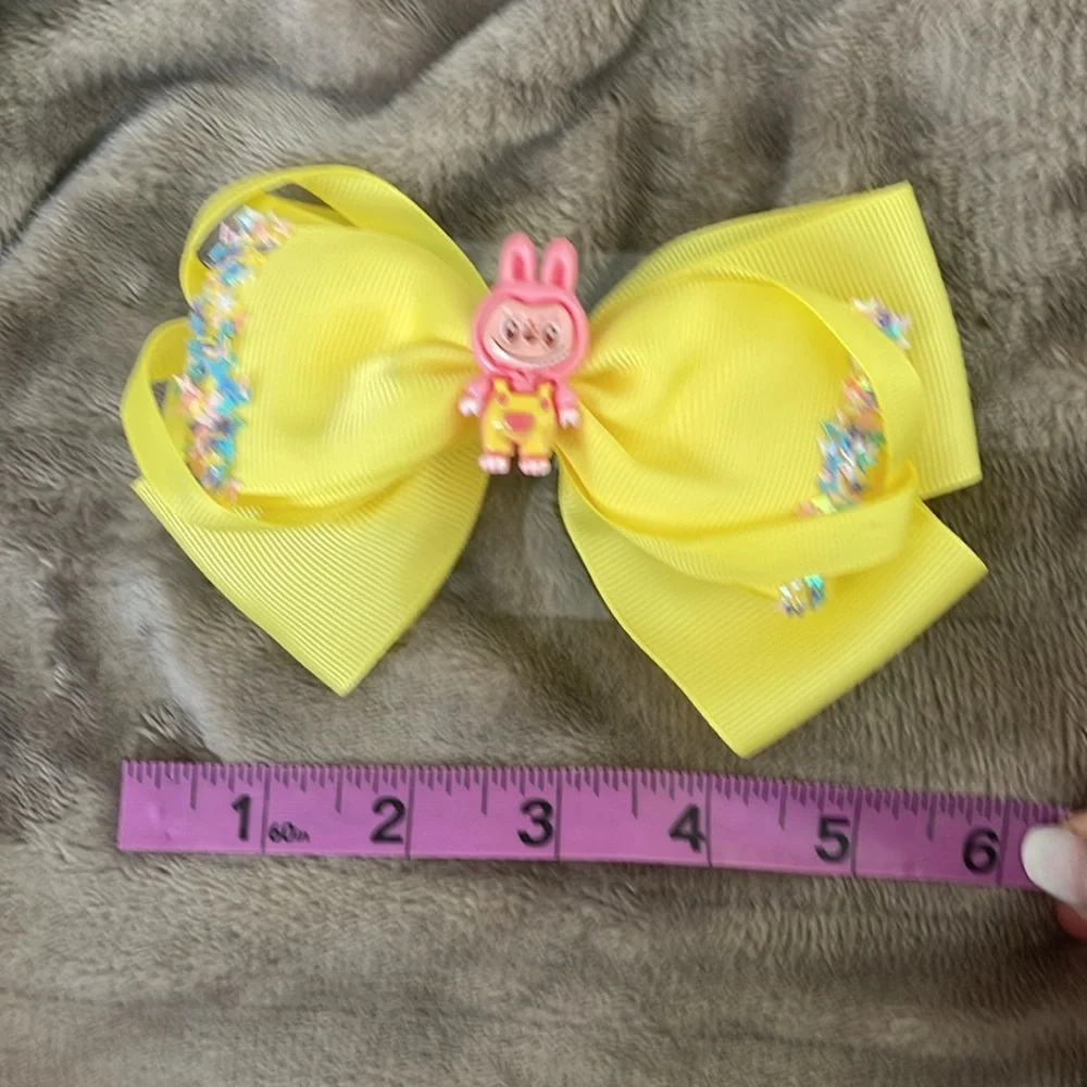 Yellow cartoon labubu Hair Bow with butterfly glitter accents new